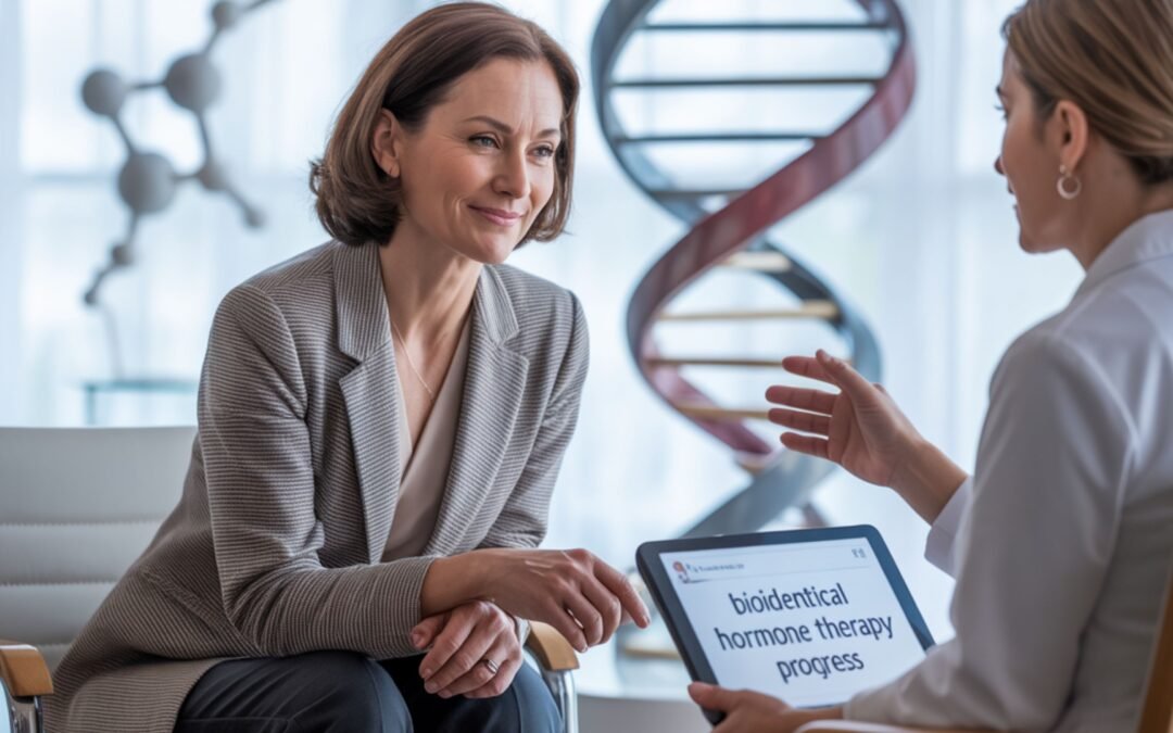 A middle-aged woman consulting with a doctor in a modern clinic, discussing hormone therapy options; the setting is bright and professional, symbolizing trust and wellness.