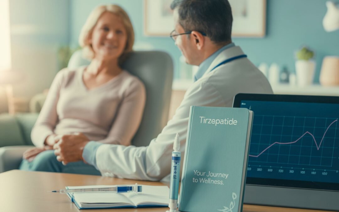 Middle-aged patient sits with a compassionate doctor in a softly lit clinic room. The patient looks introspective while the doctor listens attentively with a notepad. On the desk, a medication injection pen and wellness journal subtly indicate tirzepatide use and mood tracking. The scene conveys emotional support and trust in a healthcare setting.